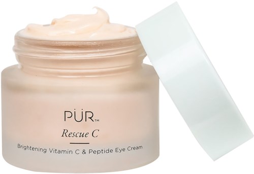 En krukke med øyekrem med en hvit lokk, merket 'PUR Rescue C Brightening Vitamin C & Peptide Eye Cream.'