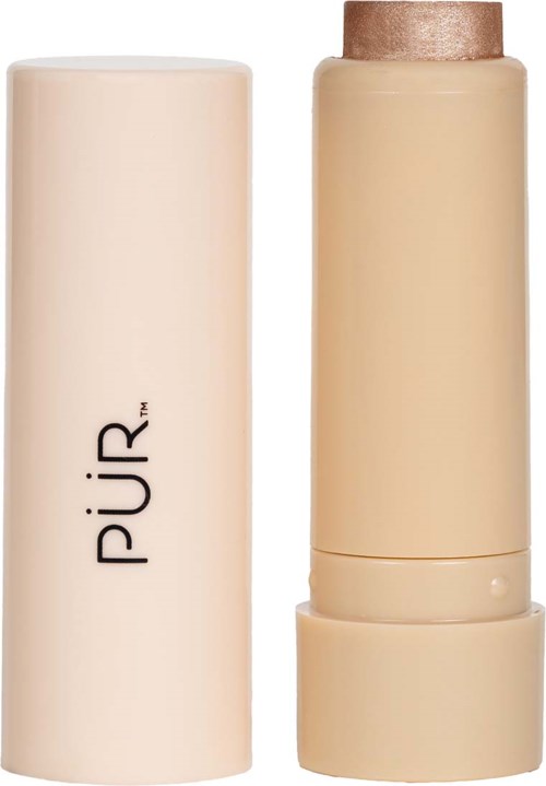 En ljusfärgad makeup- eller hudvårdsproduktstift med rund lock, bredvid sin vita förpackning.