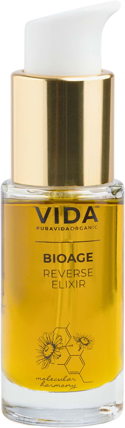 Een klein glazen flesje met witte pomp en gouden dop, gemarkeerd 'VIDA BIOAGE Reverse Elixir'.
