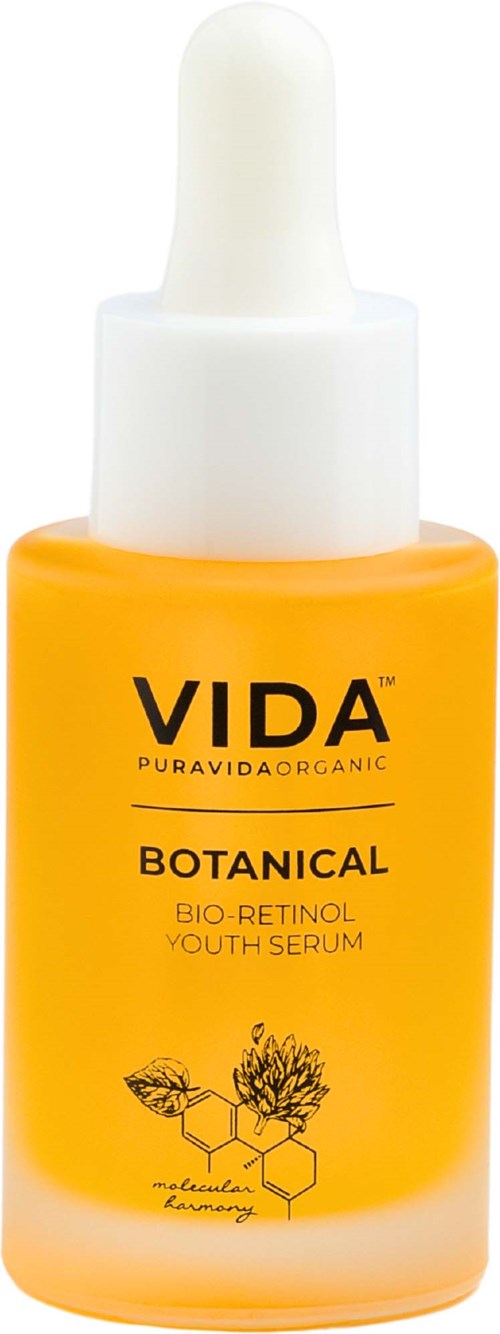 Gele fles met pipet, labelt VIDA Botanical Bio-Retinol Youth Serum, heeft zwarte tekst en plantenillustraties.