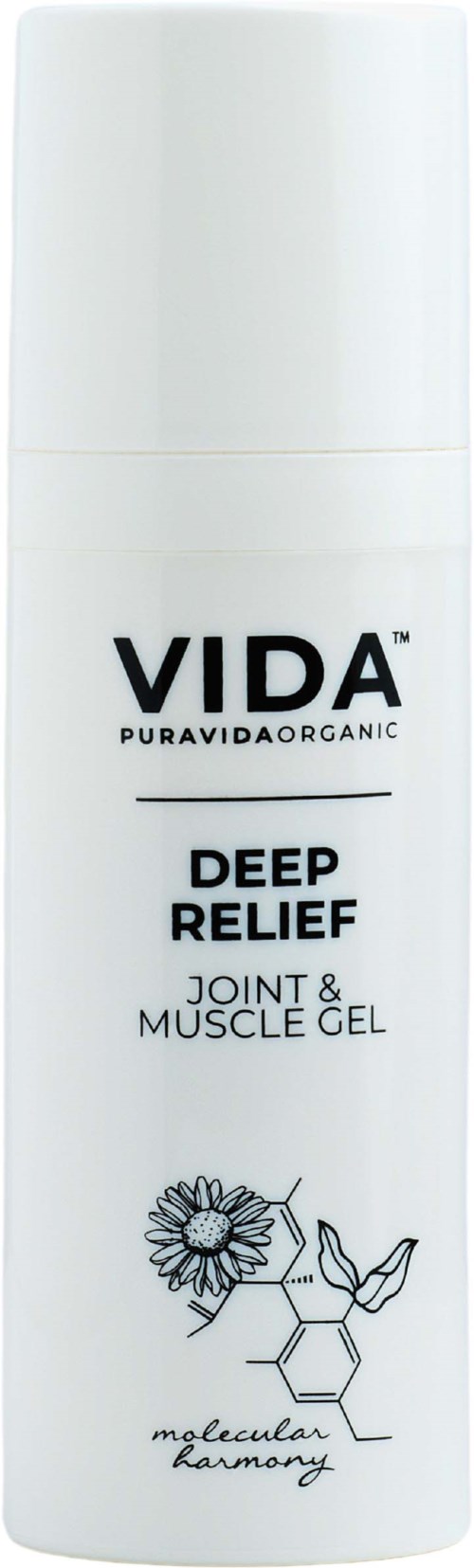 Een witte fles VIDA Deep Relief Joint & Muscle Gel, met zonnebloem en blaadje illustratie en moleculaire ontwerp.
