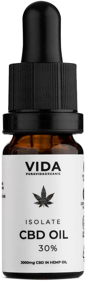 Kleine bruine fles met zwarte pipette, gemarkeerd VIDA CBD Oil 30%, 300mg CBD in hennepolie.