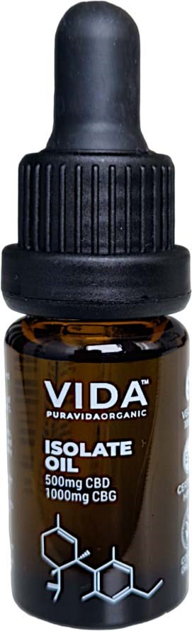 Een kleine bruine fles met druppelaar toont VIDÁ-isolaatolie met CBD- en CBG-inhoud.