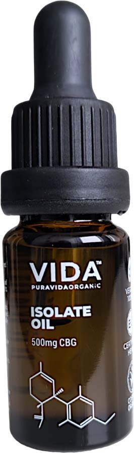 Een klein donkerbruin flesje met pipetdop gemerkt 'VIDA Isolate Oil 500mg CBG'.