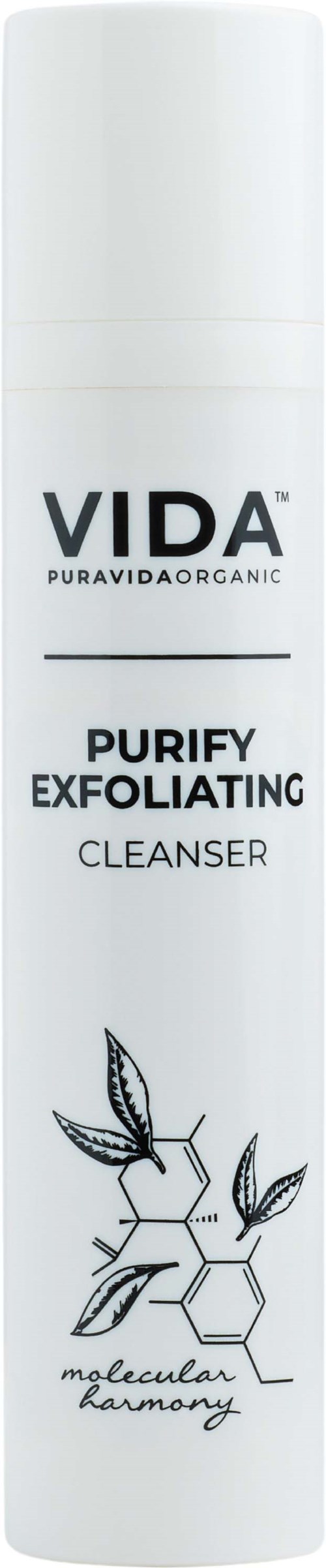 Witte fles met zwarte tekst en een bijenkorf en bij illustratie, gelabeld als VIDA Puravida Organic Purify Exfoliating Cleanser.