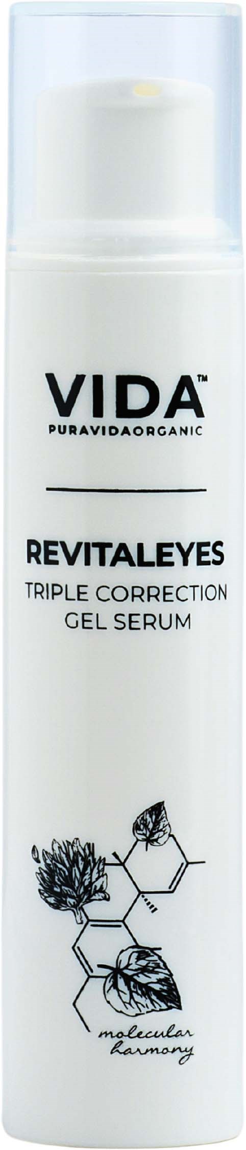 Een witte fles VIDA RevitalEyes triple correction gel serum met zwarte tekst en botanische illustraties.