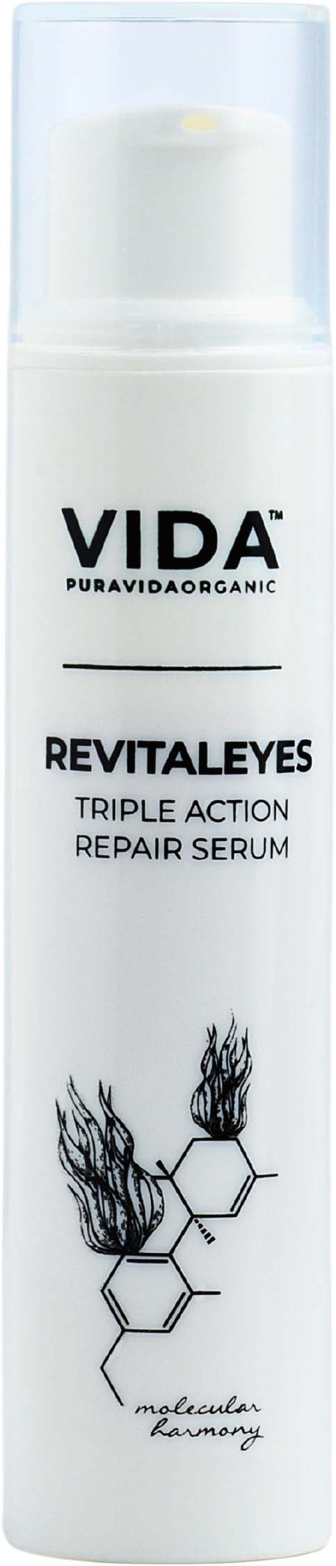 Een witte fles met zwarte tekst en een zwart-wit diagram, gelabeld VIDA RevitalEyes Triple Action Repair Serum.