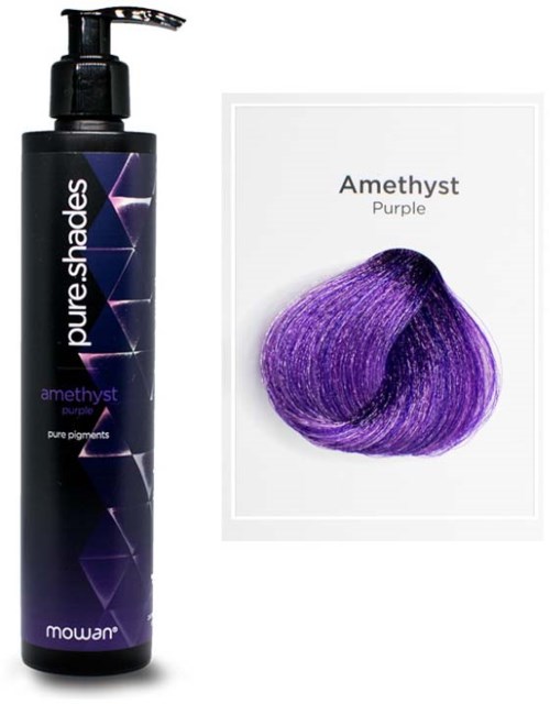 A bottle of hair dye with purple color, next to a swatch showing the same purple shade.