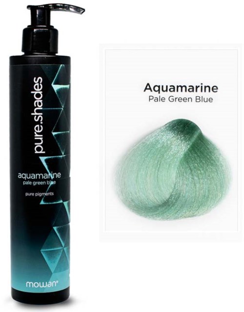 A black bottle with a pump and a label that says 'Pure Shades Aquamarine Pale Green Blue.' Next to it, a color sample shows a soft, greenish-blue shade.