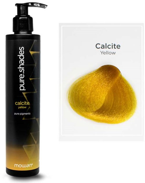 A black bottle of yellow pigment with a pump and a card showing a yellow pigment sample. The pigment name is Calcite.