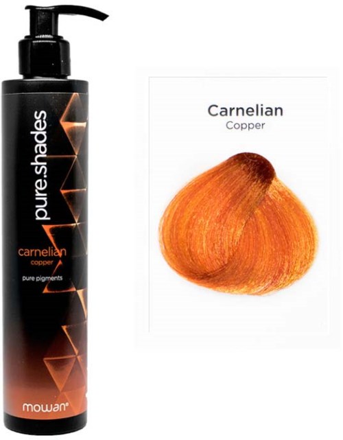 A bottle of hair dye next to a color sample of copper shade with hair color name.