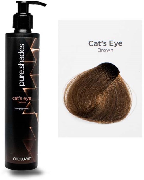 A black bottle labeled 'pure.shades cat's eye brown' and a sample hair swatch showing brown color.