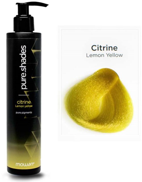 A black bottle with a pump and a white box with a yellowish swirled design, both showing lemon yellow color.