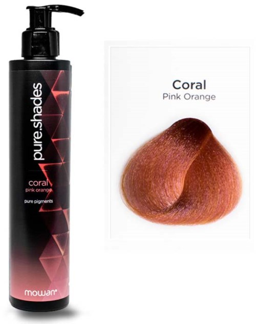Eine schwarze Flasche mit Haarfarbe mit Pumpe und eine Farbprobe in Pink-Orange.
