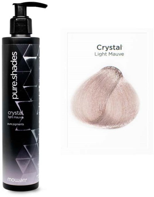 A black bottle of pure shades hair dye with a pump, and a card showing a light mauve hair color.