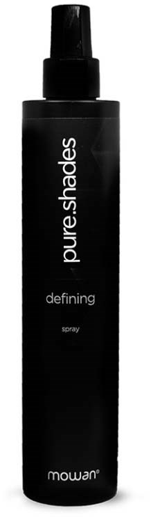 A black spray bottle labeled 'pure shades defining spray' by Mowax.