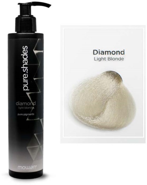 A black bottle of hair dye with a pump and a white box showing a light blonde hair color shade.