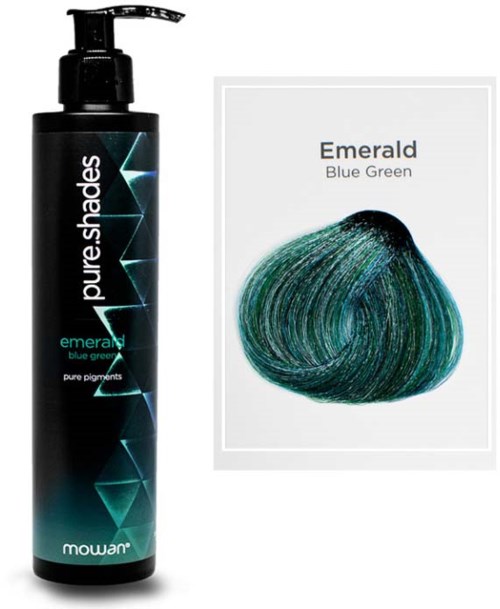 A black bottle with a pump and a color circle showing greenish-blue hair dye. The box says 'Emerald Blue Green'.