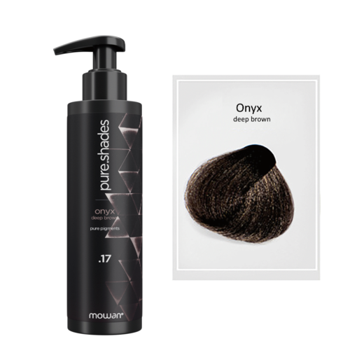 A black bottle with a pump labeled 'pure shades' and a swatch of deep brown hair color.