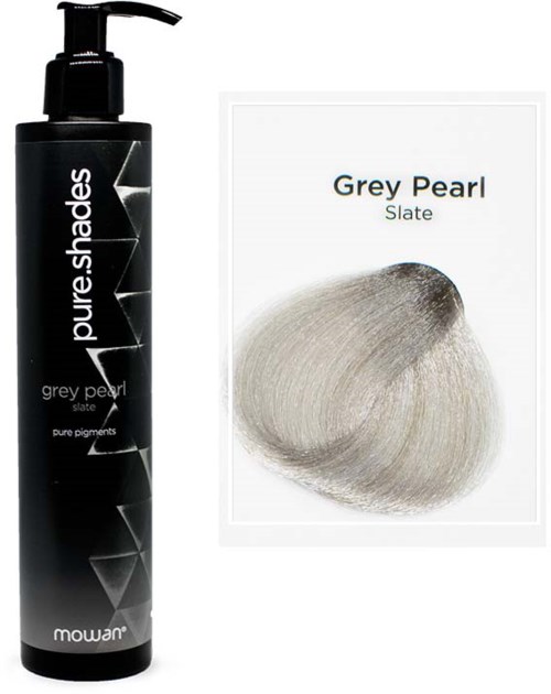 A black bottle of hair dye with a pump, and a sample of grey blonde hair color on the right.