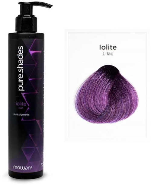 A black bottle with purple design and a pump. Next to it, a card showing a purple hair color sample.
