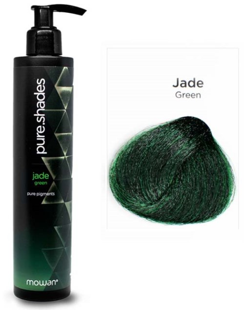 A black bottle of hair dye and a sample of green hair color labeled 'Jade Green'.