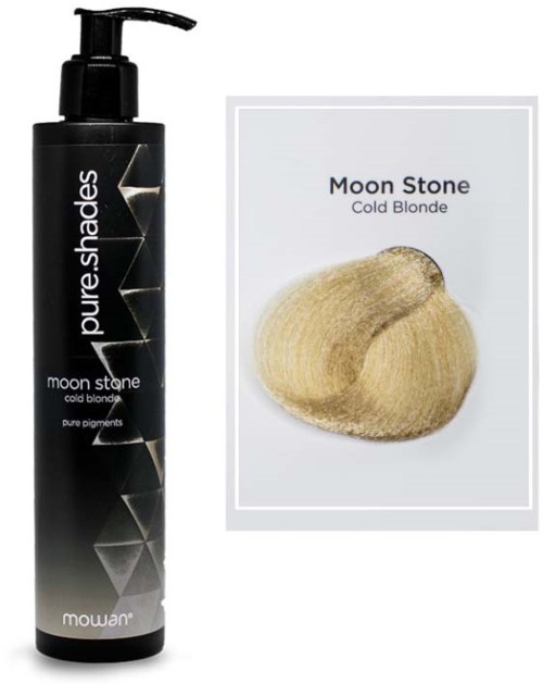 A black bottle of hair dye and a color sample card with a blonde shade called Moon Stone.