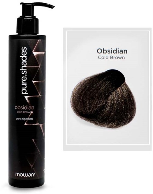 A bottle of hair dye labeled 'Pure Shades Obsidian Cold Brown' and a sample of dark brown hair color.