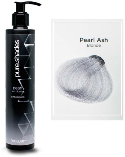 Black bottle of hair product and a sample of blonde hair color with text.