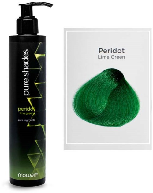 A black bottle of hair dye with a pump, labeled Peridot Lime Green, next to a swatch of bright green hair color.