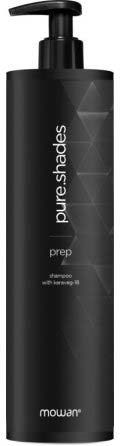 A black shampoo bottle with a pump, labeled 'pure shades prep' by Mowar, with geometric patterns.