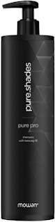 Black bottle of Moowi Pure Shades Pure Pro sunscreen with pump dispenser, minimal design and text.