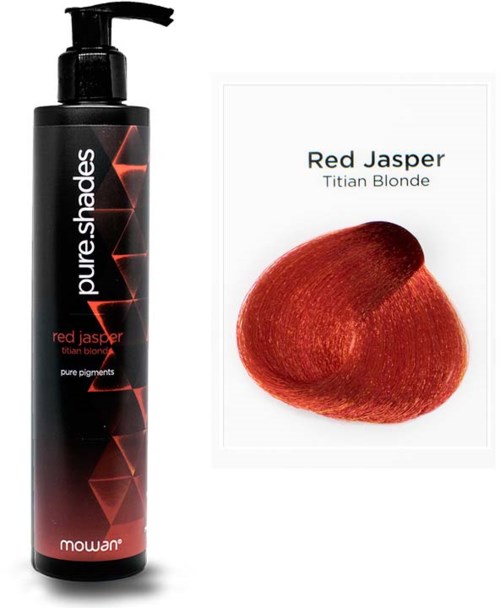 A black bottle with a pump and a red logo, next to a photo of red-orange hair color.