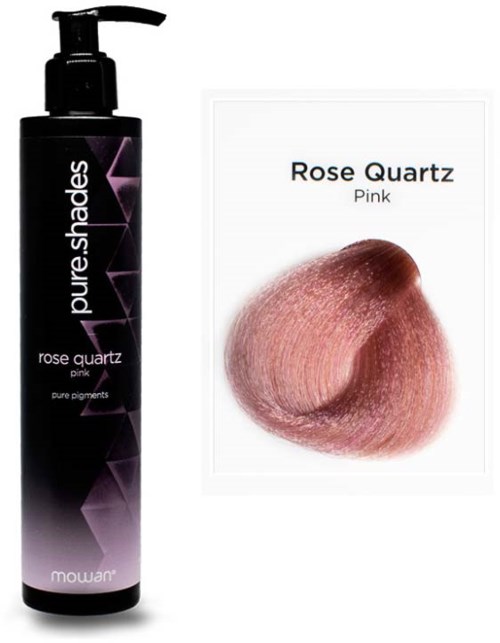 A bottle of pink rose quartz color pigment and a sample of that color swatched on paper.
