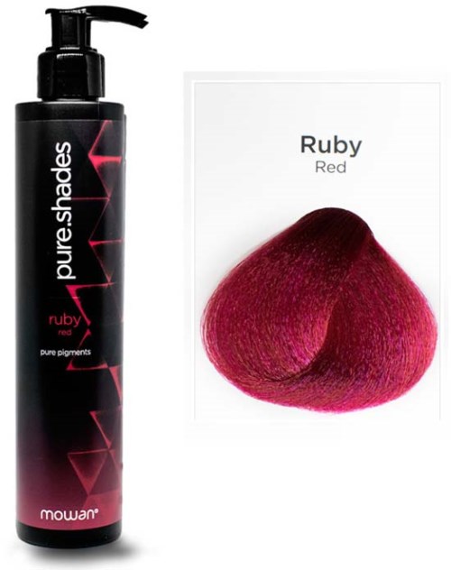 A black bottle of hair dye with pink design and a card showing a red hair color sample named Ruby.