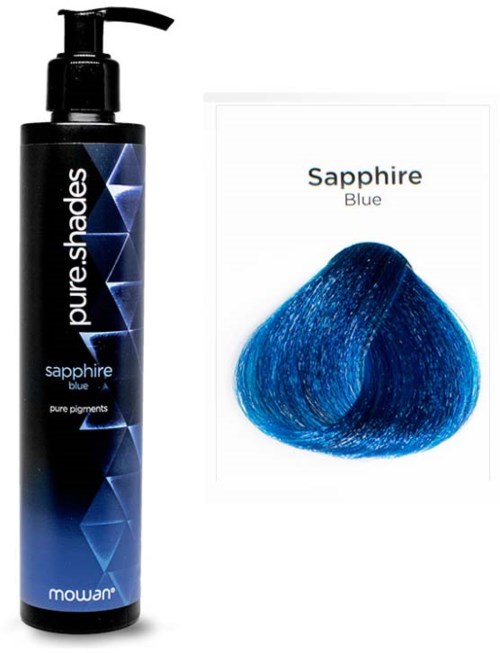 A black bottle labeled 'Pure Shades Sapphire Blue' with a pump, next to a color swatch of blue pigment.