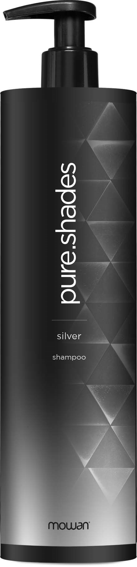 Eine schwarze Shampoo-Flasche mit Pumpe. Sie hat ein Design mit geometrischen Formen und den Namen 'pure shades'.
