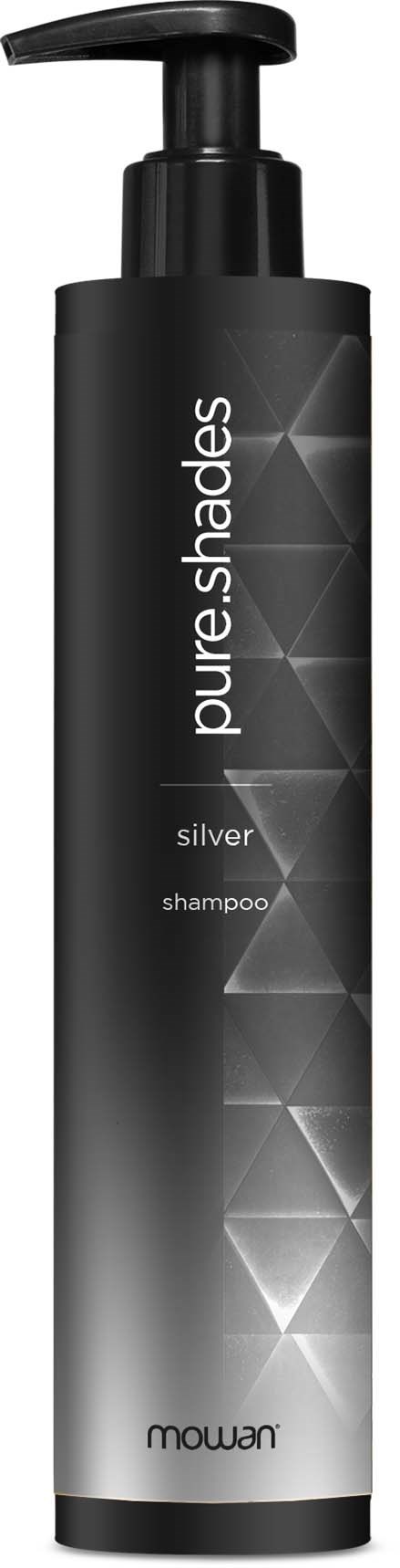 Eine schwarze und silberne Shampooflasche mit Pumpfunktion und geometrischem Design, beschriftet 'pure shades' und 'silver'.
