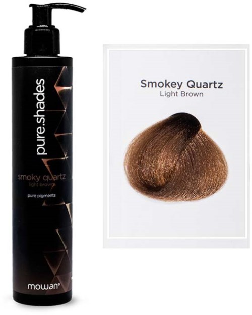A bottle of hair color product and a sample of light brown smoky quartz hair color.