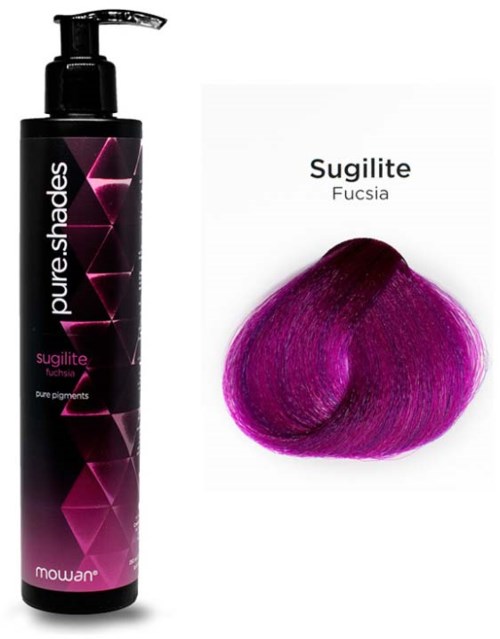 A bottle of hair dye labeled 'Pure Shades' and a sample of deep purple hair dye color. 