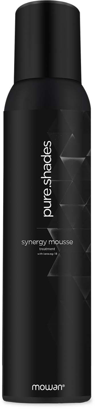 A black canister labeled 'pure shades' with 'synergy mousse' written on it, standing upright.