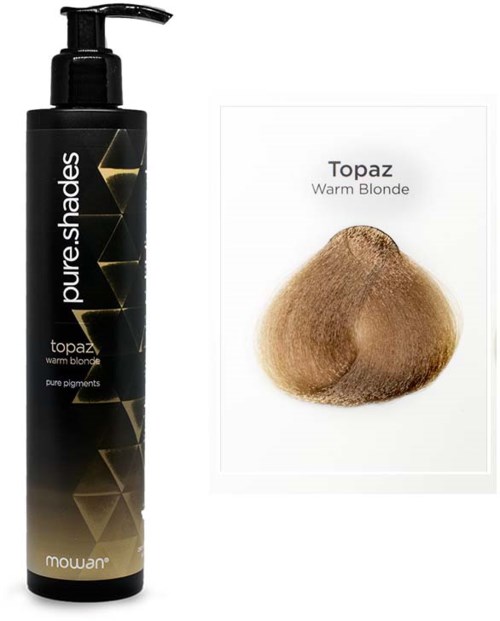 A black bottle labeled 'Pure Shades' with a pump, next to a card showing a warm blonde hair color sample.