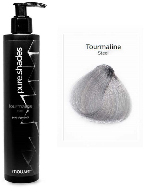 A black bottle of hair dye with a pump, labeled "Pure Shades Tourmaline Steel," and a sample of steel gray hair color.