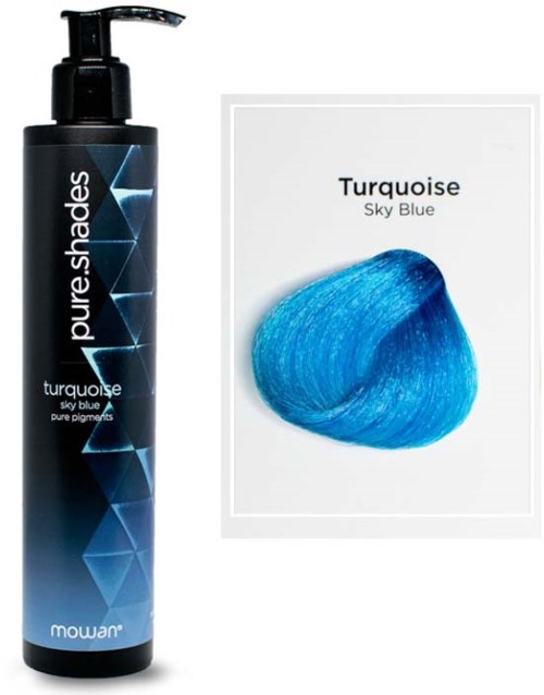 A bottle of turquoise hair dye with a pump and a color sample card showing purple-tinged blue.