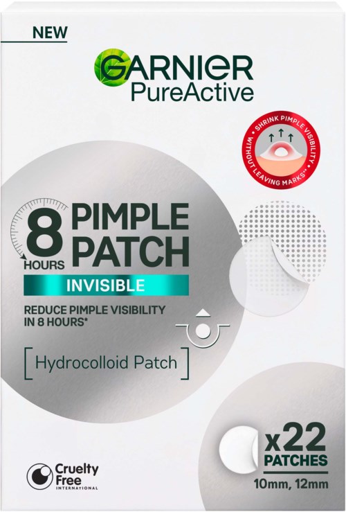 Packaging for Garnier Pure Active acne patches, including product name, key features, and size details.