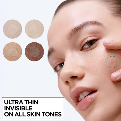 Beauty model demonstrating ultra-thin, invisible concealer on skin, with four shade circles showing product options.