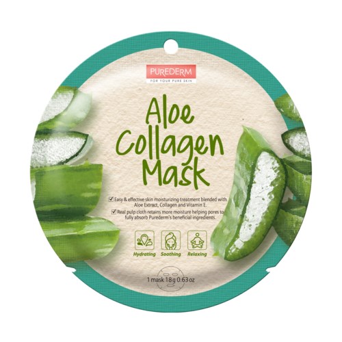 Runde Verpackung für Gesichtsmaske mit Aloe Vera und Gurkenbildern, mit Aufschrift Aloe Collagen Mask von Purederm.