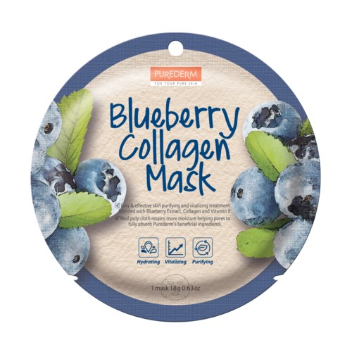 Eine blaue runde Packung für eine Blaubeer-Kollagen-Gesichtsmaske mit Bildern von Blaubeeren und grünen Blättern.