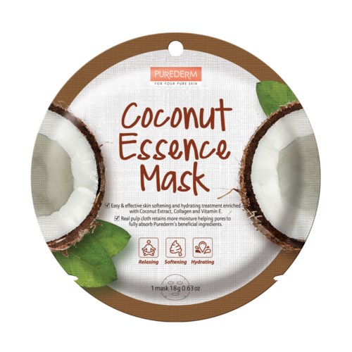 Runde Verpackungsaufkleber für Coconut Essence Mask mit Bildern von Kokosnüssen und grünen Blättern.