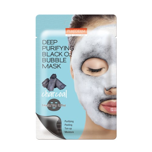 Naisella on valkoinen hiilitäytteinen naamiö, näkyy hänen silmänsä ja huulensa. Pakkauksessa lukee syväpuhdistava musta hiili kuplanaamio.